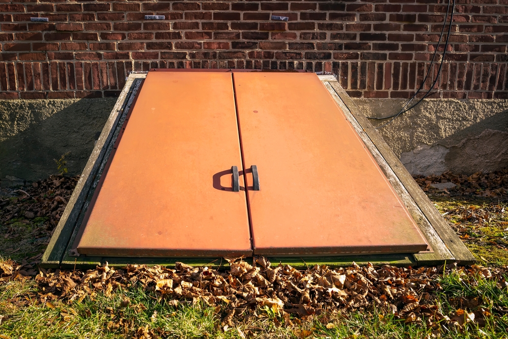 Sloped,sidewalls,basement,door,of,an,old,house,in,boston,
